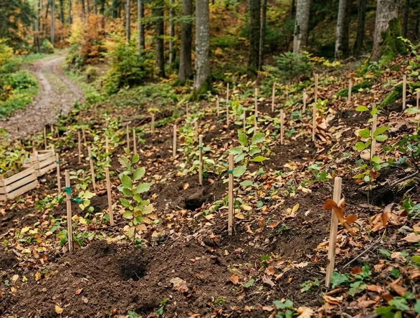 Puieți de foioase plantați în rânduri pe un versant împădurit, fiecare marcat cu țăruș