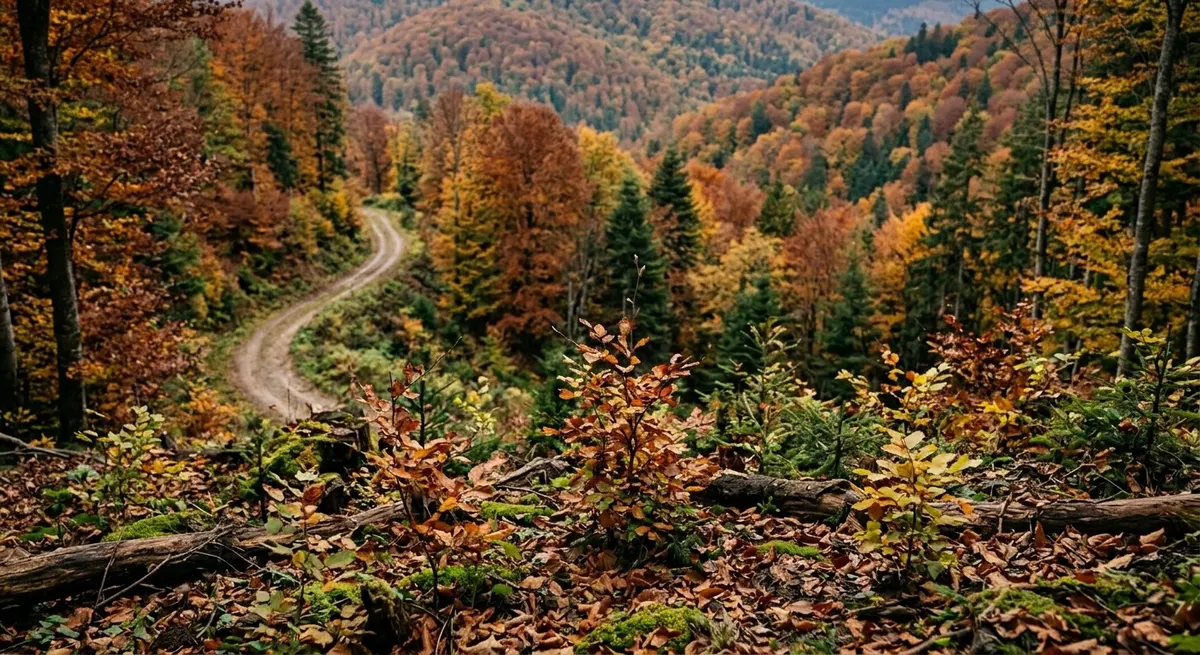 Vale cu pădure de fag și molid în culorile toamnei, traversată de un drum forestier